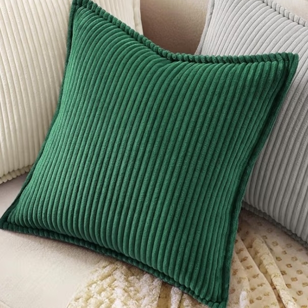 Green Corduroy Decorative Throw Pillow Covers Classic Ribbed Texture 18 X 18